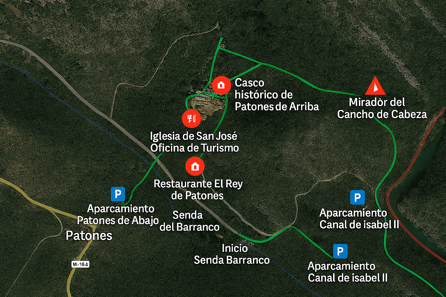 Mapa satélite de Patones de Arriba, España, con rutas de senderismo, puntos de interés y aparcamientos marcados