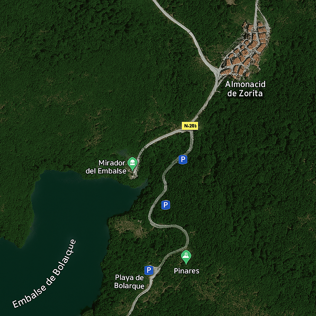 Mapa satélite de Almonacid de Zorita mostrando la Playa de Bolarque, el embalse, rutas de senderismo, mirador y zonas de aparcamiento