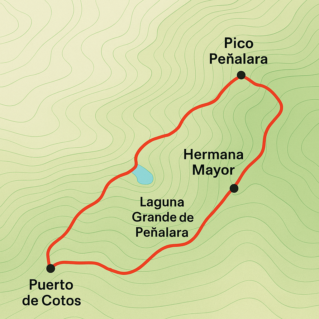 Mapa esquemático de la ruta al Pico Peñalara desde el Puerto de Cotos, con puntos clave como Laguna Grande, Hermana Mayor y la cima