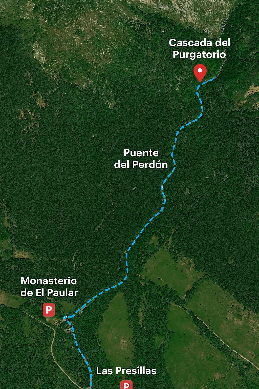 Mapa satélite de la ruta a la Cascada del Purgatorio en Rascafría, con marcadores de interés, sendero señalizado y zonas de aparcamiento