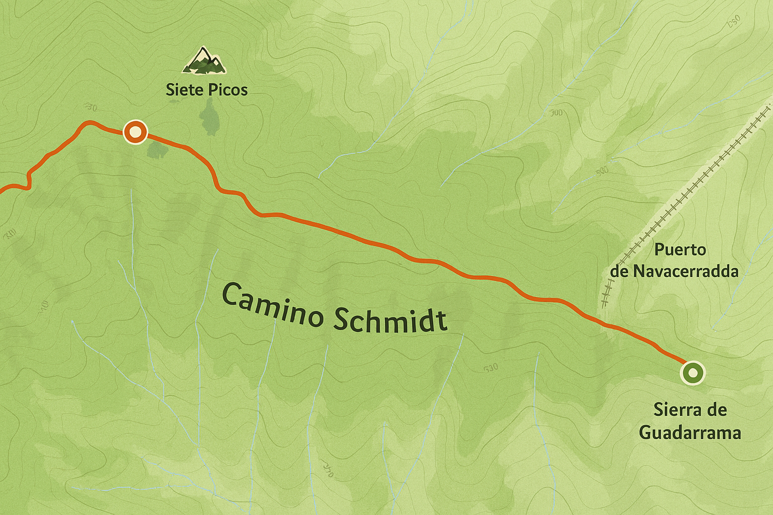 Mapa del Camino Schmidt en la Sierra de Guadarrama, con ruta señalada entre Puerto de Navacerrada y Siete Picos sobre relieve montañoso.