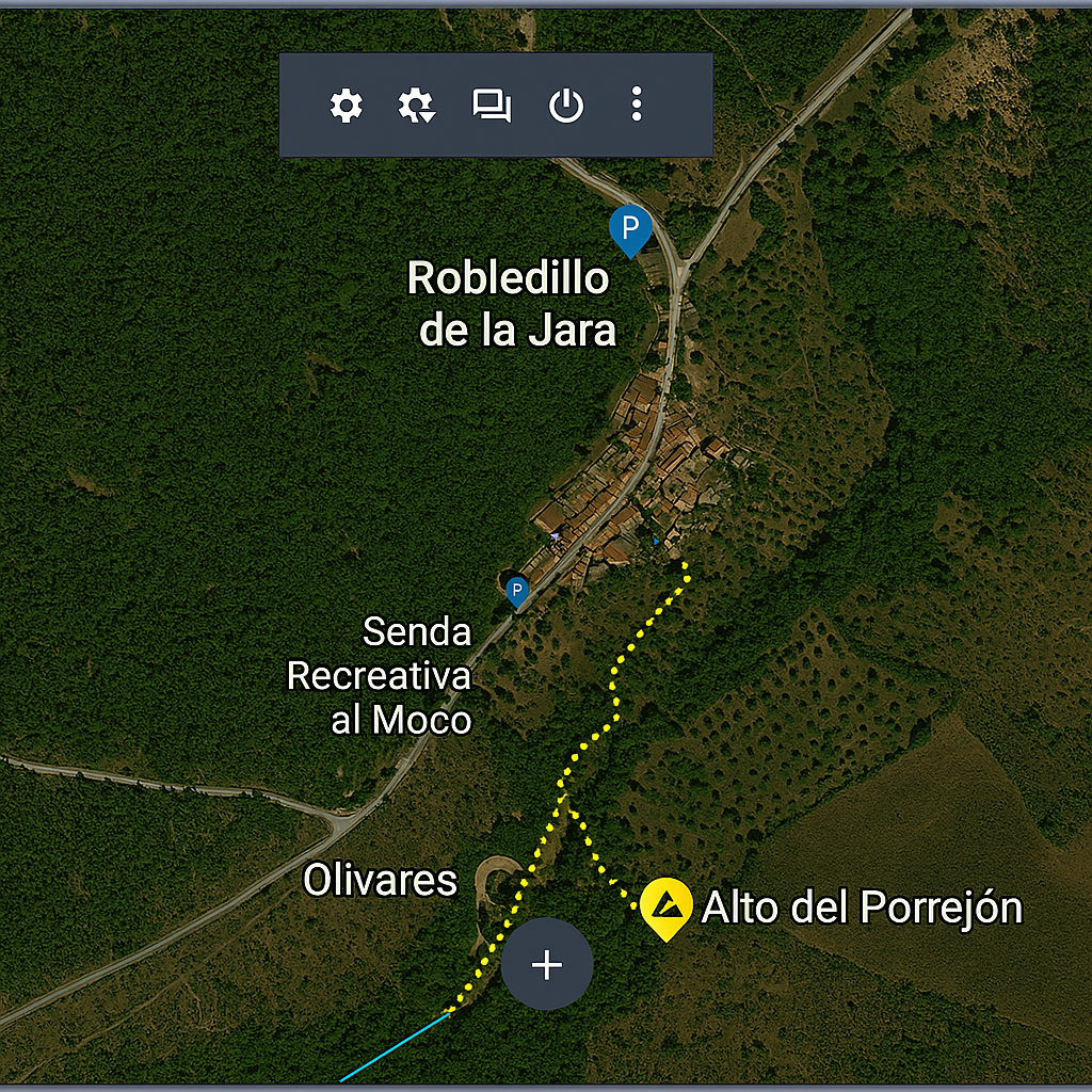 Mapa ilustrado de Robledillo de la Jara con senda recreativa y entorno natural Mapa de Robledillo de la Jara con olivares, senda al Alto del Porrejón y puntos de interés rural