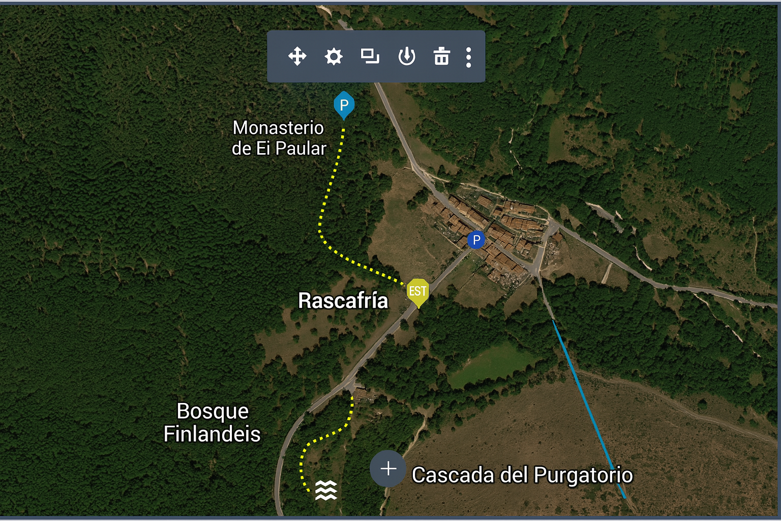 Mapa ilustrado de Rascafría con rutas y puntos de interés Mapa de Rascafría con el Monasterio de El Paular, Bosque Finlandés, Cascada del Purgatorio y rutas señalizadas