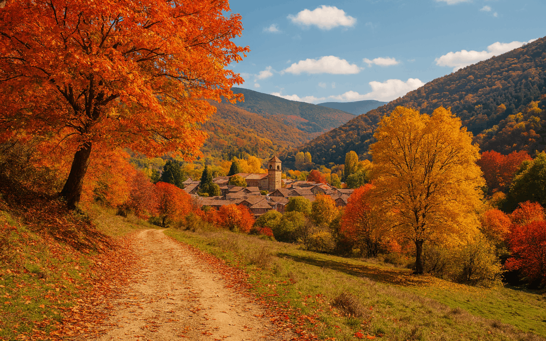 Sendero otoñal entre árboles de colores cálidos con un pueblo tradicional al fondo en la Sierra de Madrid